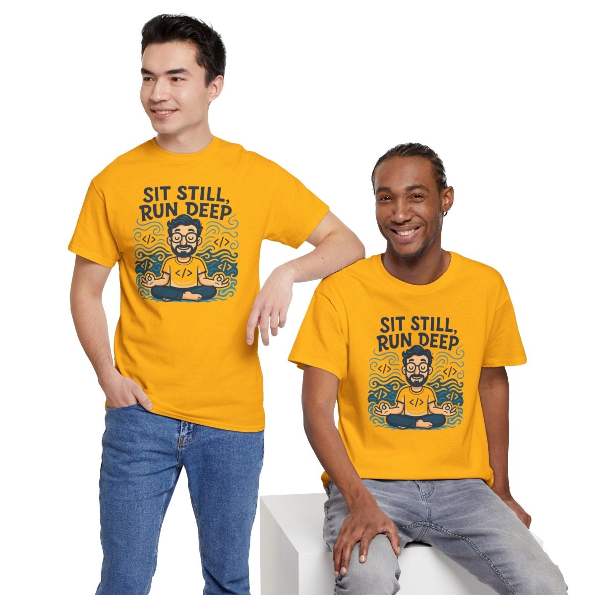 "Sit Still, Run Deep" Meditation Graphic Tee, Unisex Heavy Cotton Shirt, Yoga Gift, Mindfulness Apparel, Relaxation Wear - MINDSet Collection - AI Tee Hero