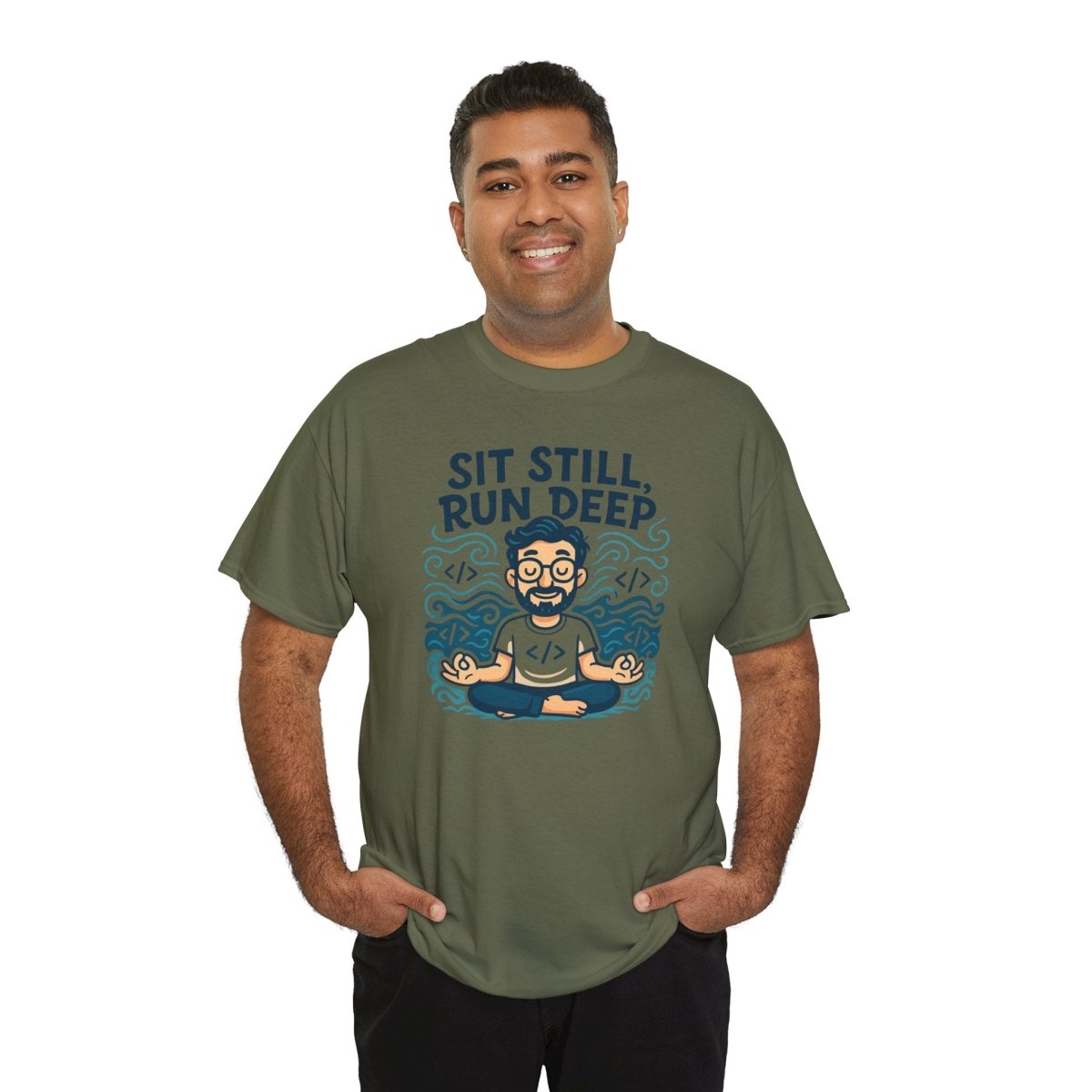 "Sit Still, Run Deep" Meditation Graphic Tee, Unisex Heavy Cotton Shirt, Yoga Gift, Mindfulness Apparel, Relaxation Wear - MINDSet Collection - AI Tee Hero