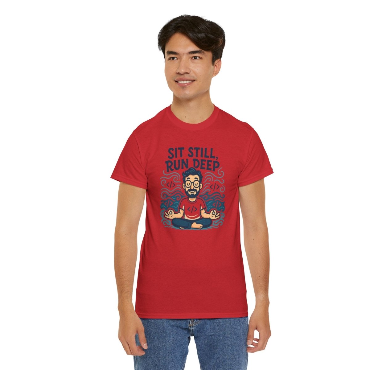 "Sit Still, Run Deep" Meditation Graphic Tee, Unisex Heavy Cotton Shirt, Yoga Gift, Mindfulness Apparel, Relaxation Wear - MINDSet Collection - AI Tee Hero