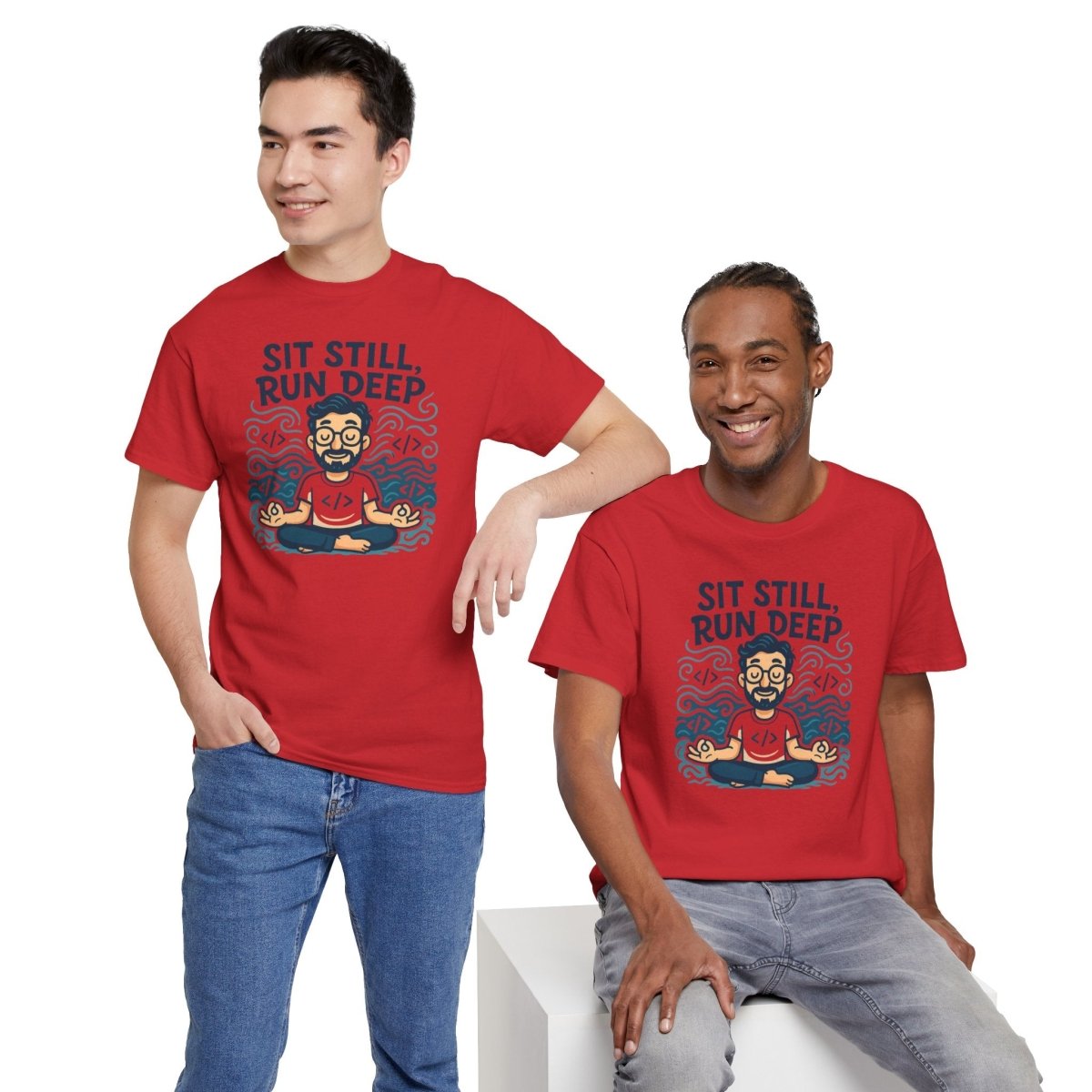 "Sit Still, Run Deep" Meditation Graphic Tee, Unisex Heavy Cotton Shirt, Yoga Gift, Mindfulness Apparel, Relaxation Wear - MINDSet Collection - AI Tee Hero