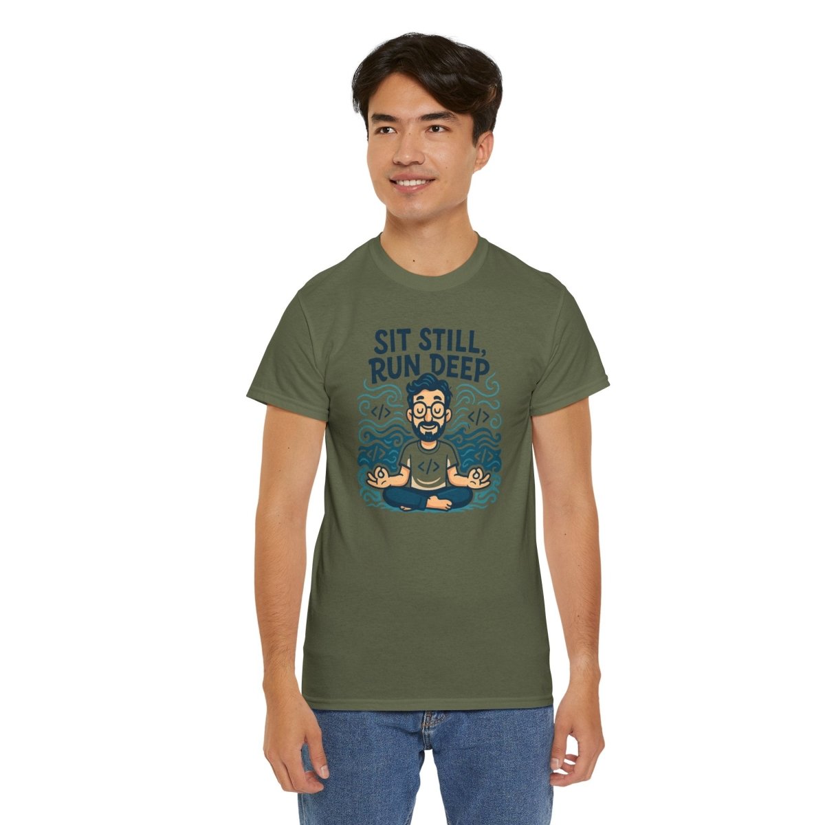"Sit Still, Run Deep" Meditation Graphic Tee, Unisex Heavy Cotton Shirt, Yoga Gift, Mindfulness Apparel, Relaxation Wear - MINDSet Collection - AI Tee Hero