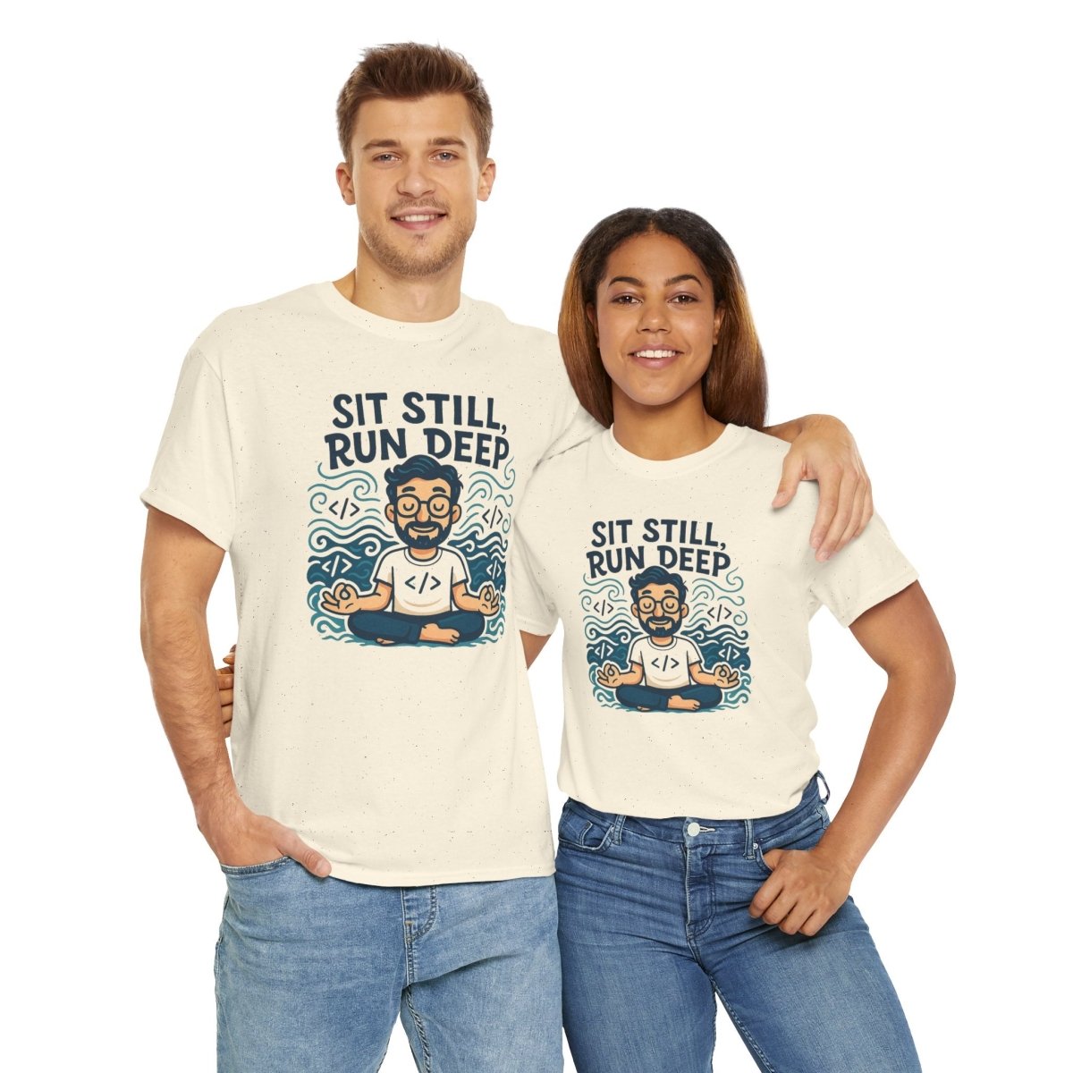 "Sit Still, Run Deep" Meditation Graphic Tee, Unisex Heavy Cotton Shirt, Yoga Gift, Mindfulness Apparel, Relaxation Wear - MINDSet Collection - AI Tee Hero