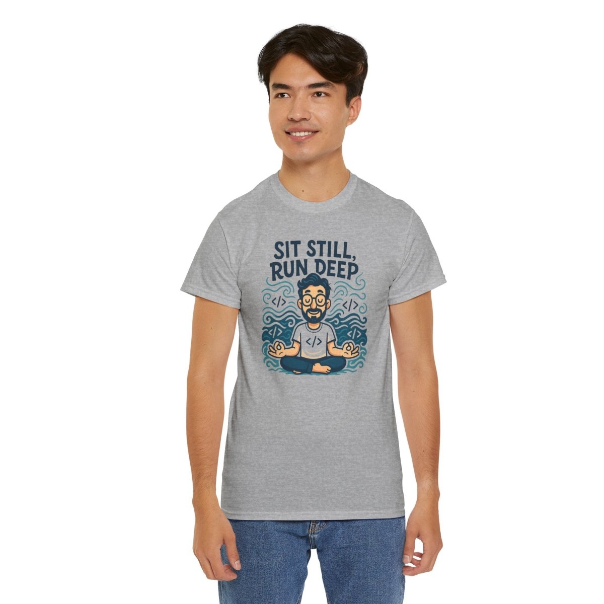 "Sit Still, Run Deep" Meditation Graphic Tee, Unisex Heavy Cotton Shirt, Yoga Gift, Mindfulness Apparel, Relaxation Wear - MINDSet Collection - AI Tee Hero