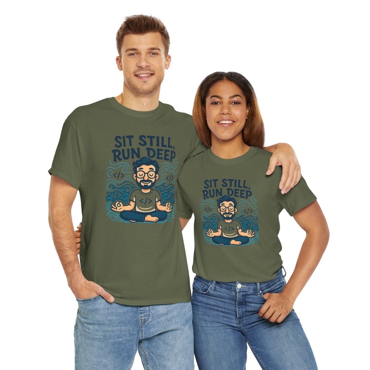 "Sit Still, Run Deep" Meditation Graphic Tee, Unisex Heavy Cotton Shirt, Yoga Gift, Mindfulness Apparel, Relaxation Wear - MINDSet Collection - AI Tee Hero