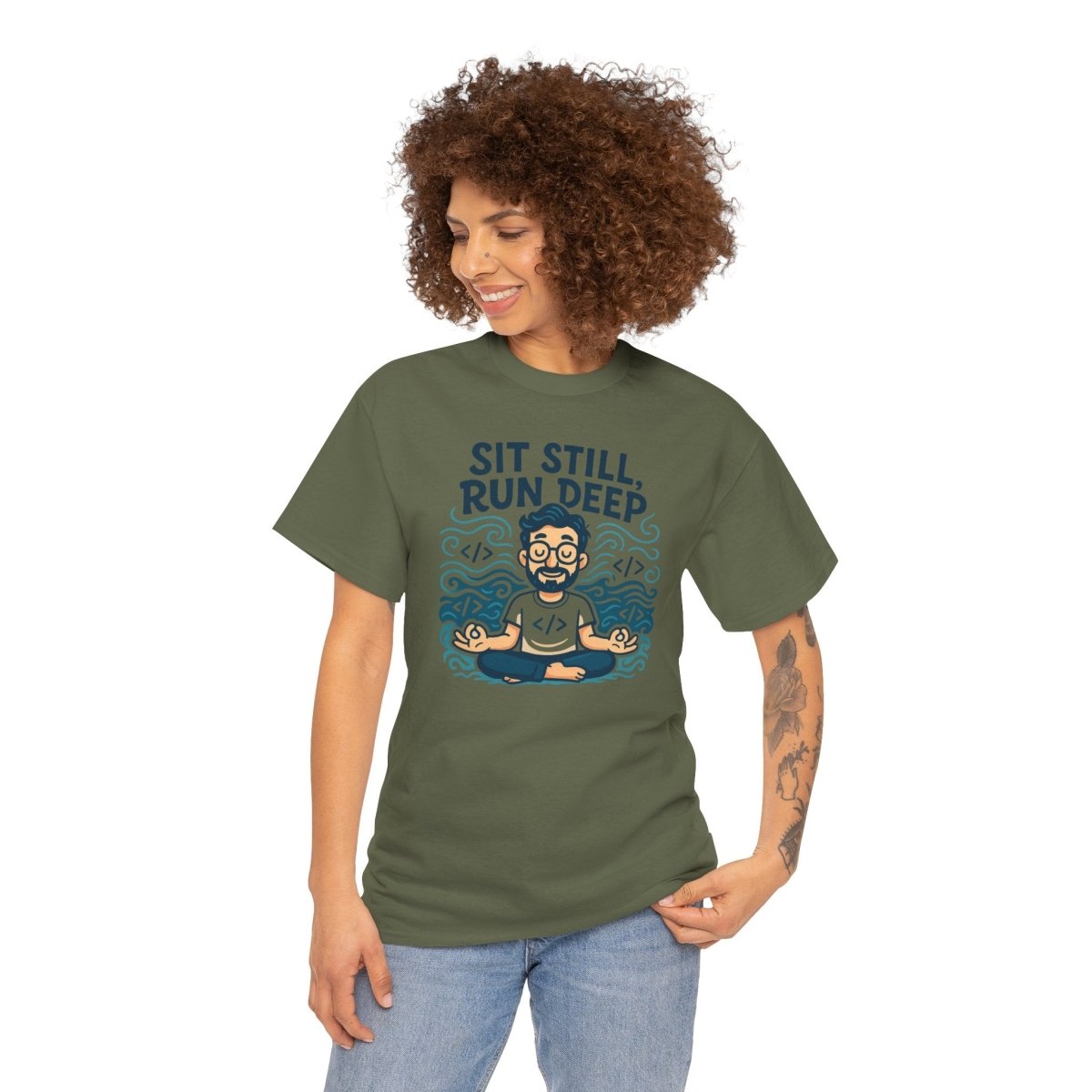 "Sit Still, Run Deep" Meditation Graphic Tee, Unisex Heavy Cotton Shirt, Yoga Gift, Mindfulness Apparel, Relaxation Wear - MINDSet Collection - AI Tee Hero