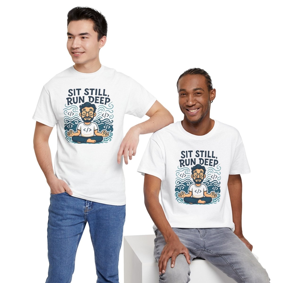 "Sit Still, Run Deep" Meditation Graphic Tee, Unisex Heavy Cotton Shirt, Yoga Gift, Mindfulness Apparel, Relaxation Wear - MINDSet Collection - AI Tee Hero