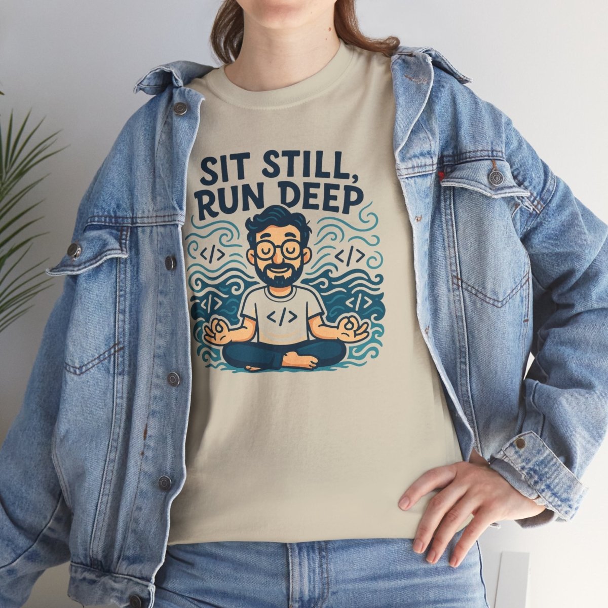 "Sit Still, Run Deep" Meditation Graphic Tee, Unisex Heavy Cotton Shirt, Yoga Gift, Mindfulness Apparel, Relaxation Wear - MINDSet Collection - AI Tee Hero