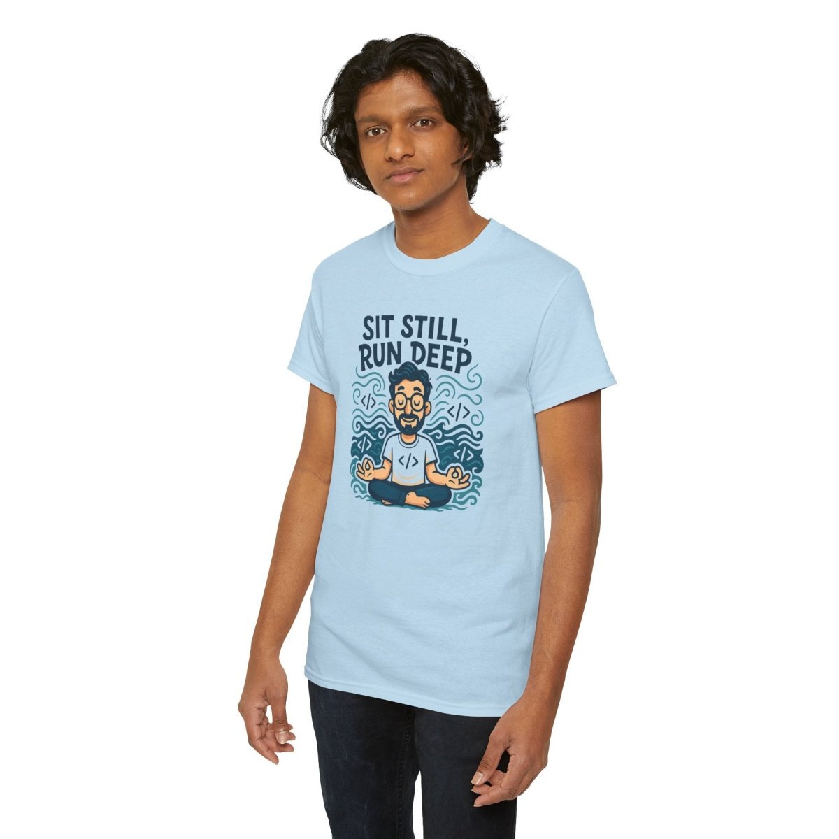 "Sit Still, Run Deep" Meditation Graphic Tee, Unisex Heavy Cotton Shirt, Yoga Gift, Mindfulness Apparel, Relaxation Wear - MINDSet Collection - AI Tee Hero