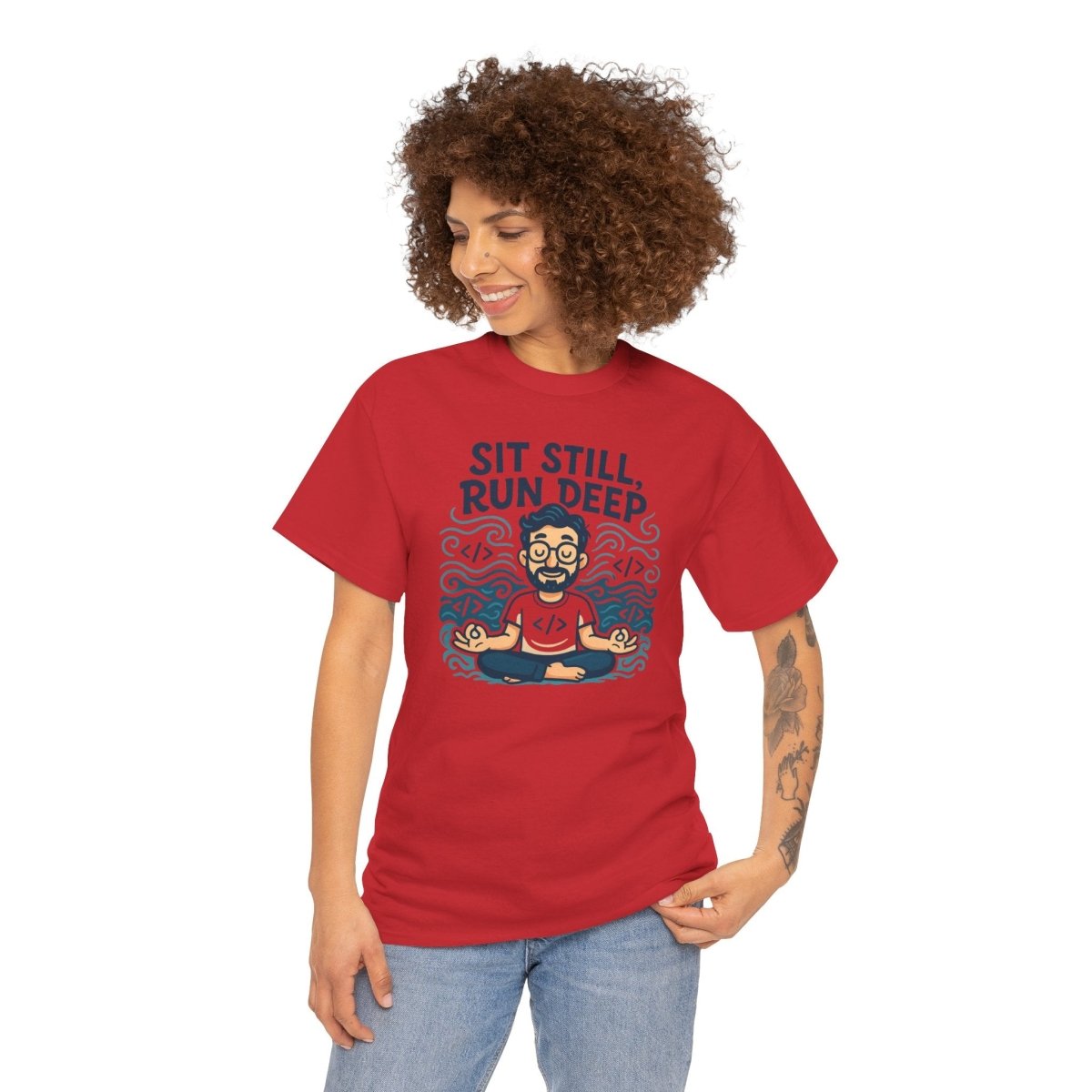 "Sit Still, Run Deep" Meditation Graphic Tee, Unisex Heavy Cotton Shirt, Yoga Gift, Mindfulness Apparel, Relaxation Wear - MINDSet Collection - AI Tee Hero