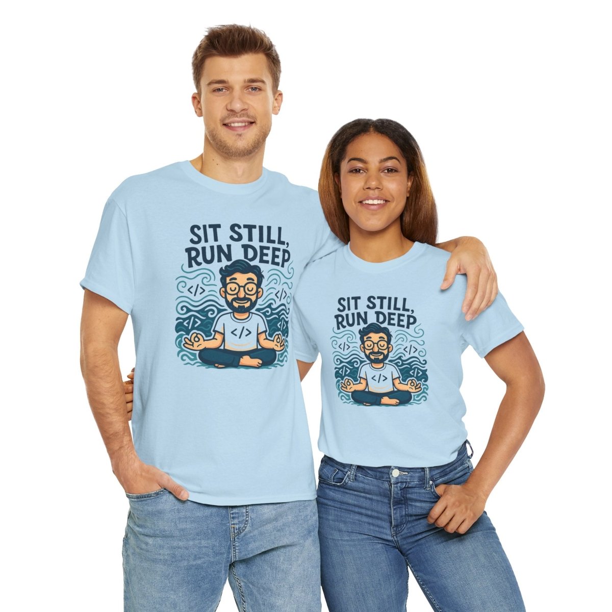 "Sit Still, Run Deep" Meditation Graphic Tee, Unisex Heavy Cotton Shirt, Yoga Gift, Mindfulness Apparel, Relaxation Wear - MINDSet Collection - AI Tee Hero