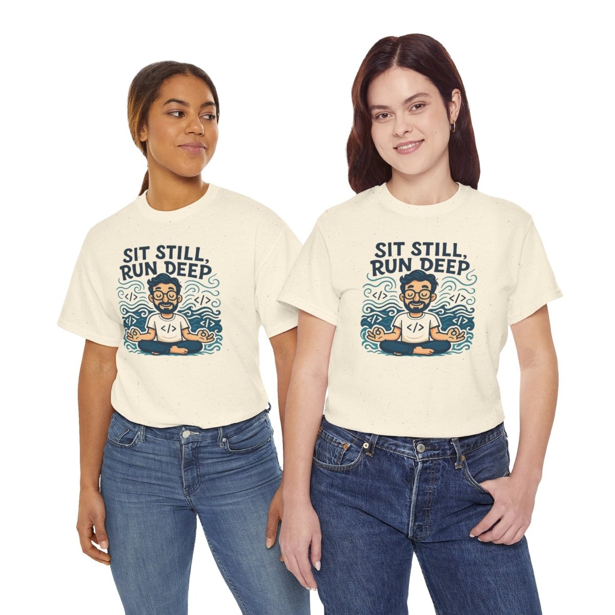 "Sit Still, Run Deep" Meditation Graphic Tee, Unisex Heavy Cotton Shirt, Yoga Gift, Mindfulness Apparel, Relaxation Wear - MINDSet Collection - AI Tee Hero