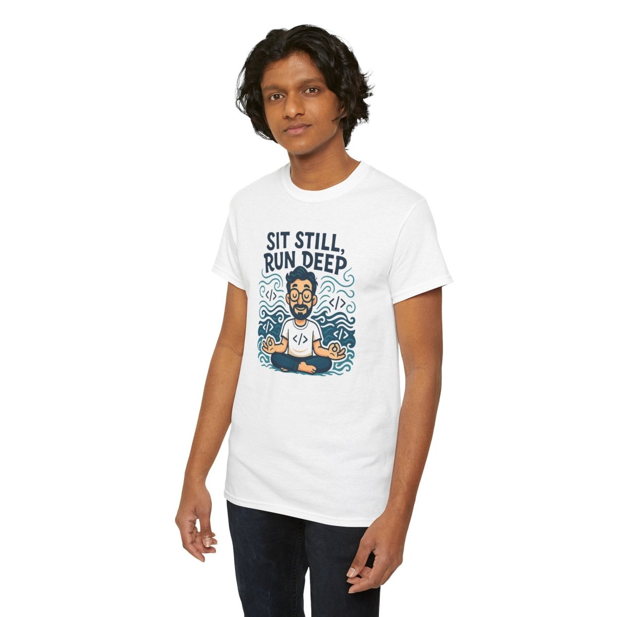 "Sit Still, Run Deep" Meditation Graphic Tee, Unisex Heavy Cotton Shirt, Yoga Gift, Mindfulness Apparel, Relaxation Wear - MINDSet Collection - AI Tee Hero