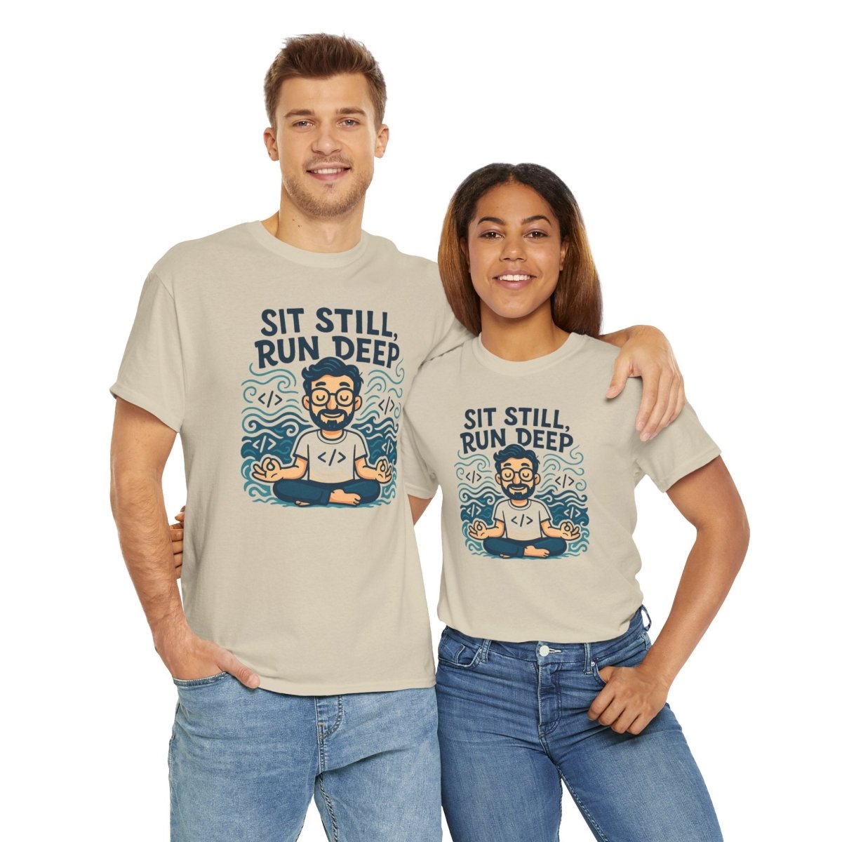 "Sit Still, Run Deep" Meditation Graphic Tee, Unisex Heavy Cotton Shirt, Yoga Gift, Mindfulness Apparel, Relaxation Wear - MINDSet Collection - AI Tee Hero