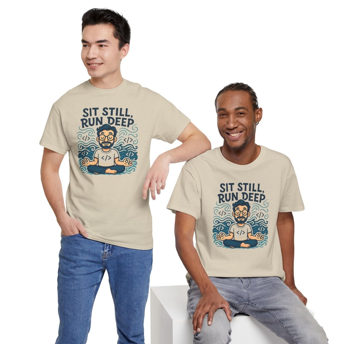 "Sit Still, Run Deep" Meditation Graphic Tee, Unisex Heavy Cotton Shirt, Yoga Gift, Mindfulness Apparel, Relaxation Wear - MINDSet Collection - AI Tee Hero