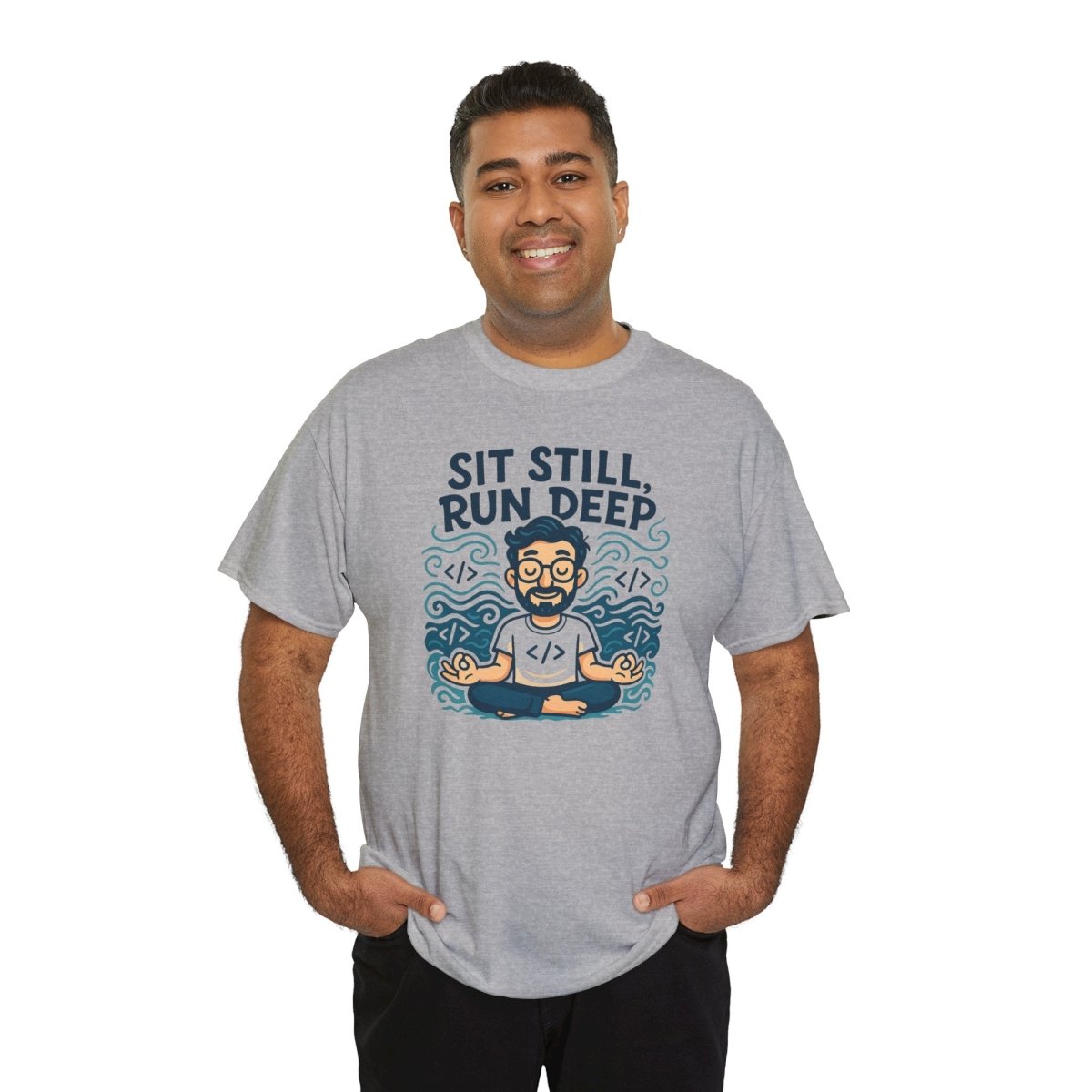 "Sit Still, Run Deep" Meditation Graphic Tee, Unisex Heavy Cotton Shirt, Yoga Gift, Mindfulness Apparel, Relaxation Wear - MINDSet Collection - AI Tee Hero