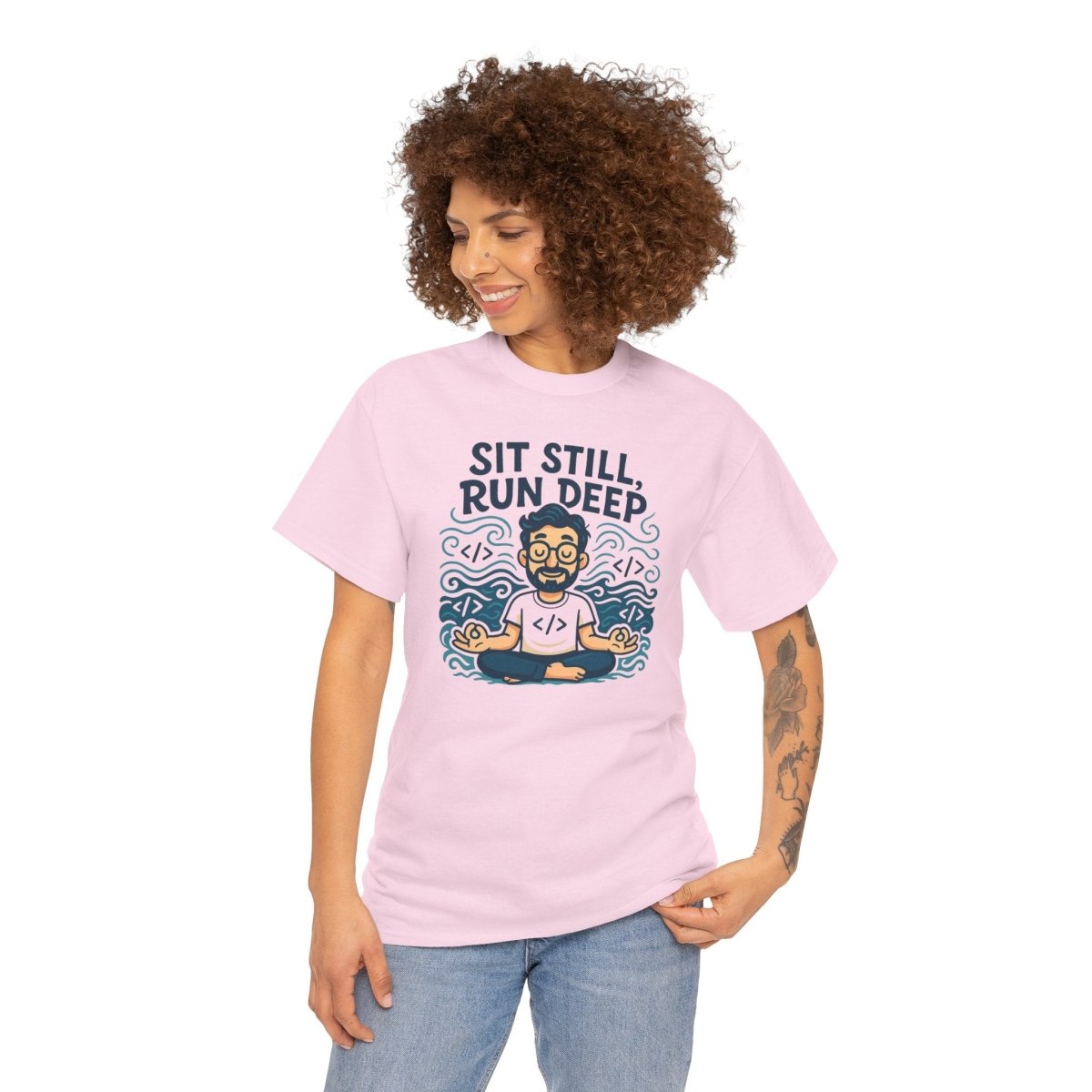 "Sit Still, Run Deep" Meditation Graphic Tee, Unisex Heavy Cotton Shirt, Yoga Gift, Mindfulness Apparel, Relaxation Wear - MINDSet Collection - AI Tee Hero