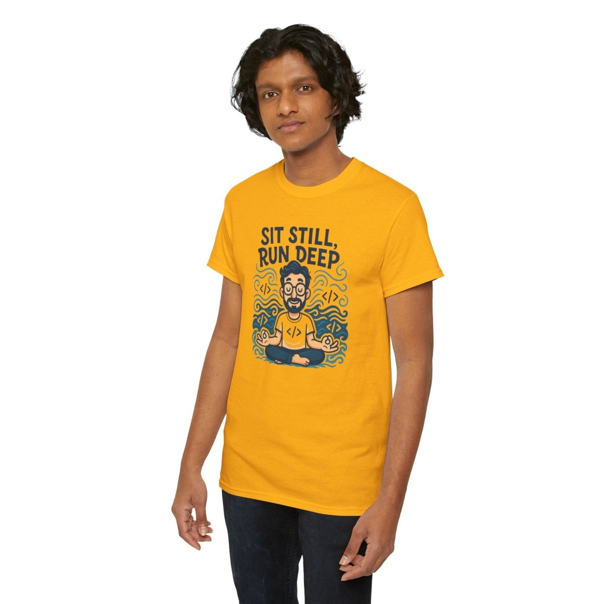 "Sit Still, Run Deep" Meditation Graphic Tee, Unisex Heavy Cotton Shirt, Yoga Gift, Mindfulness Apparel, Relaxation Wear - MINDSet Collection - AI Tee Hero