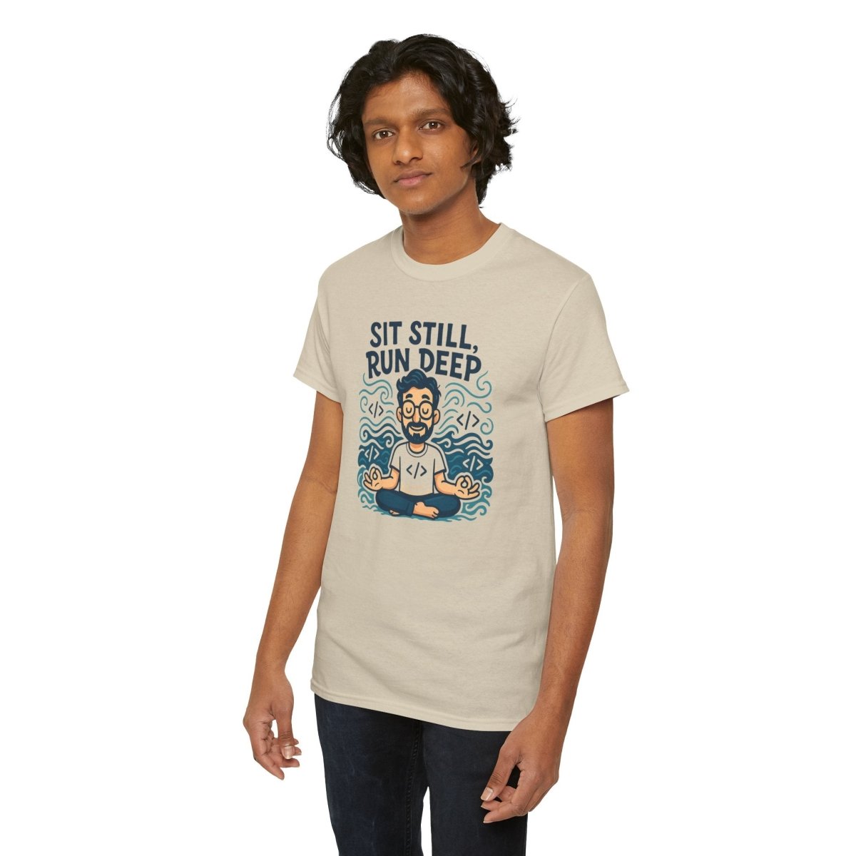 "Sit Still, Run Deep" Meditation Graphic Tee, Unisex Heavy Cotton Shirt, Yoga Gift, Mindfulness Apparel, Relaxation Wear - MINDSet Collection - AI Tee Hero