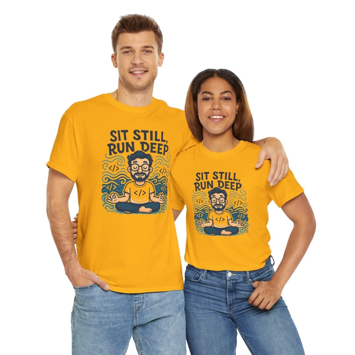"Sit Still, Run Deep" Meditation Graphic Tee, Unisex Heavy Cotton Shirt, Yoga Gift, Mindfulness Apparel, Relaxation Wear - MINDSet Collection - AI Tee Hero