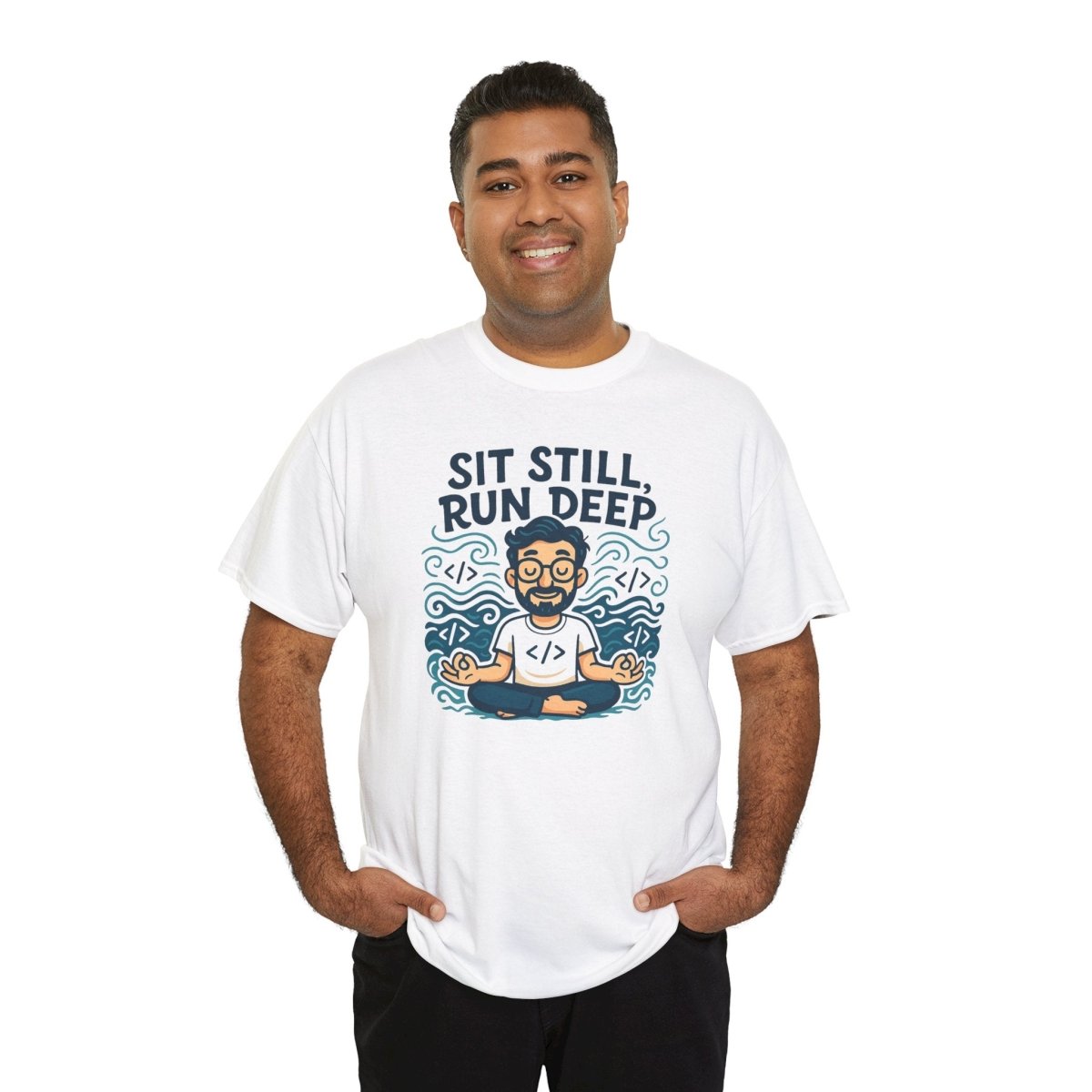 "Sit Still, Run Deep" Meditation Graphic Tee, Unisex Heavy Cotton Shirt, Yoga Gift, Mindfulness Apparel, Relaxation Wear - MINDSet Collection - AI Tee Hero