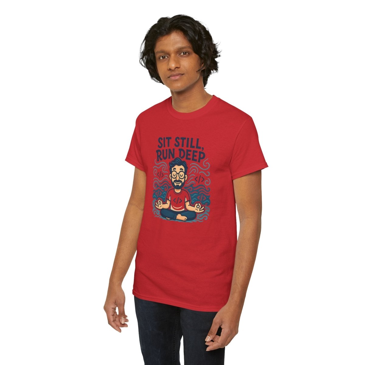 "Sit Still, Run Deep" Meditation Graphic Tee, Unisex Heavy Cotton Shirt, Yoga Gift, Mindfulness Apparel, Relaxation Wear - MINDSet Collection - AI Tee Hero