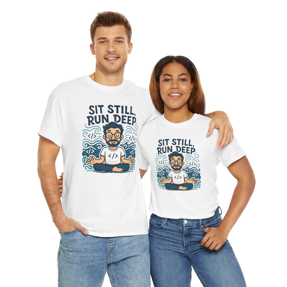 "Sit Still, Run Deep" Meditation Graphic Tee, Unisex Heavy Cotton Shirt, Yoga Gift, Mindfulness Apparel, Relaxation Wear - MINDSet Collection - AI Tee Hero