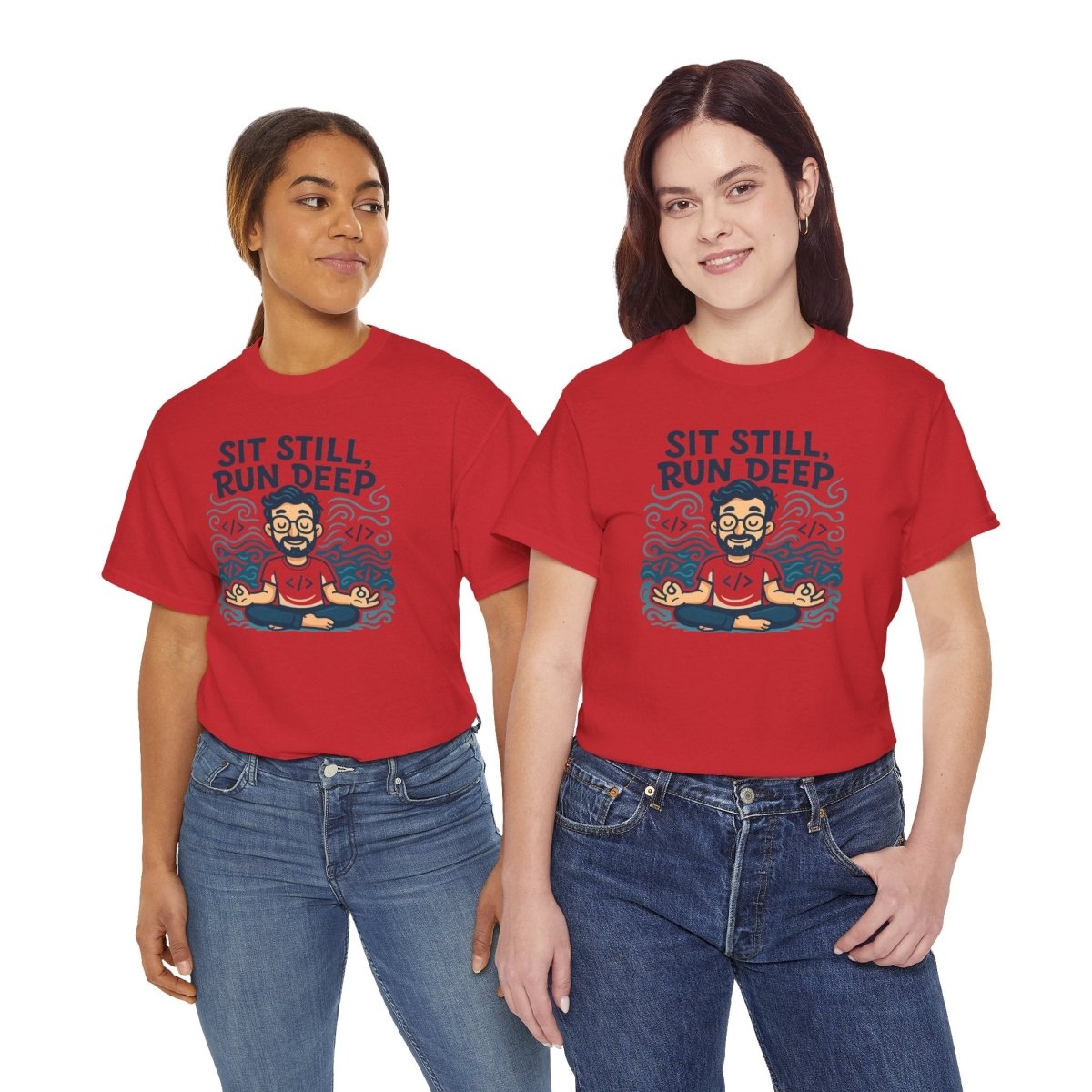 "Sit Still, Run Deep" Meditation Graphic Tee, Unisex Heavy Cotton Shirt, Yoga Gift, Mindfulness Apparel, Relaxation Wear - MINDSet Collection - AI Tee Hero