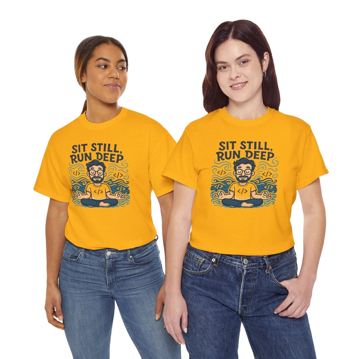 "Sit Still, Run Deep" Meditation Graphic Tee, Unisex Heavy Cotton Shirt, Yoga Gift, Mindfulness Apparel, Relaxation Wear - MINDSet Collection - AI Tee Hero