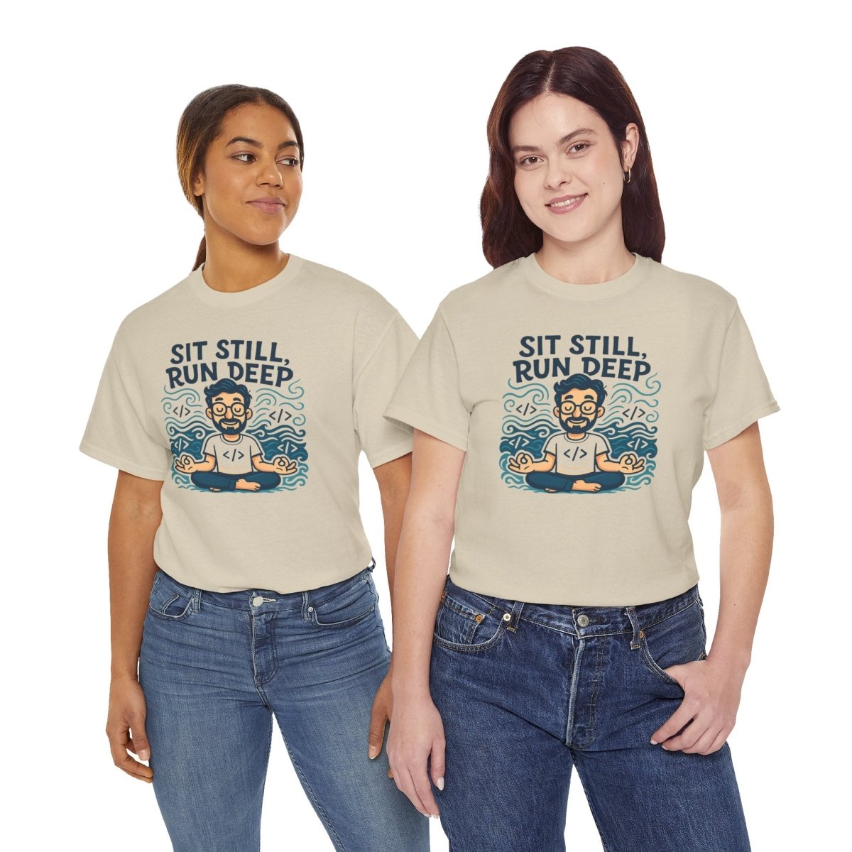 "Sit Still, Run Deep" Meditation Graphic Tee, Unisex Heavy Cotton Shirt, Yoga Gift, Mindfulness Apparel, Relaxation Wear - MINDSet Collection - AI Tee Hero