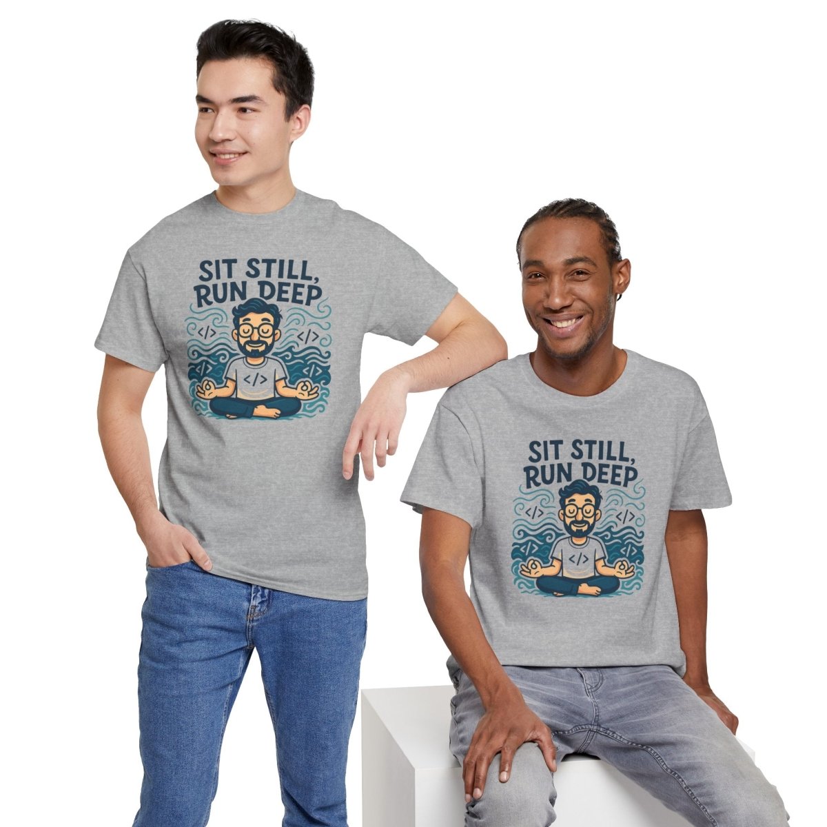 "Sit Still, Run Deep" Meditation Graphic Tee, Unisex Heavy Cotton Shirt, Yoga Gift, Mindfulness Apparel, Relaxation Wear - MINDSet Collection - AI Tee Hero