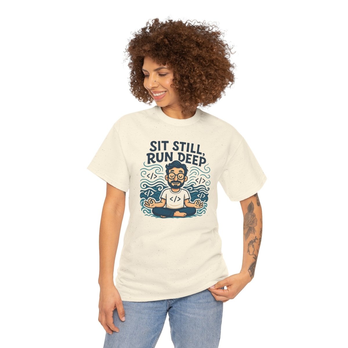 "Sit Still, Run Deep" Meditation Graphic Tee, Unisex Heavy Cotton Shirt, Yoga Gift, Mindfulness Apparel, Relaxation Wear - MINDSet Collection - AI Tee Hero