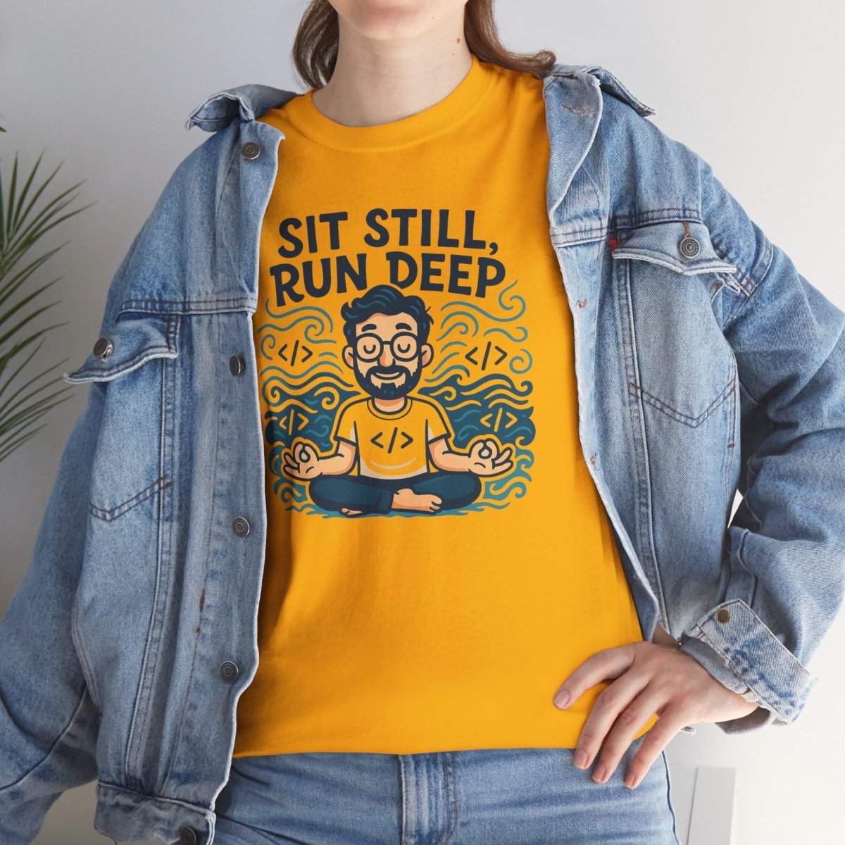 "Sit Still, Run Deep" Meditation Graphic Tee, Unisex Heavy Cotton Shirt, Yoga Gift, Mindfulness Apparel, Relaxation Wear - MINDSet Collection - AI Tee Hero