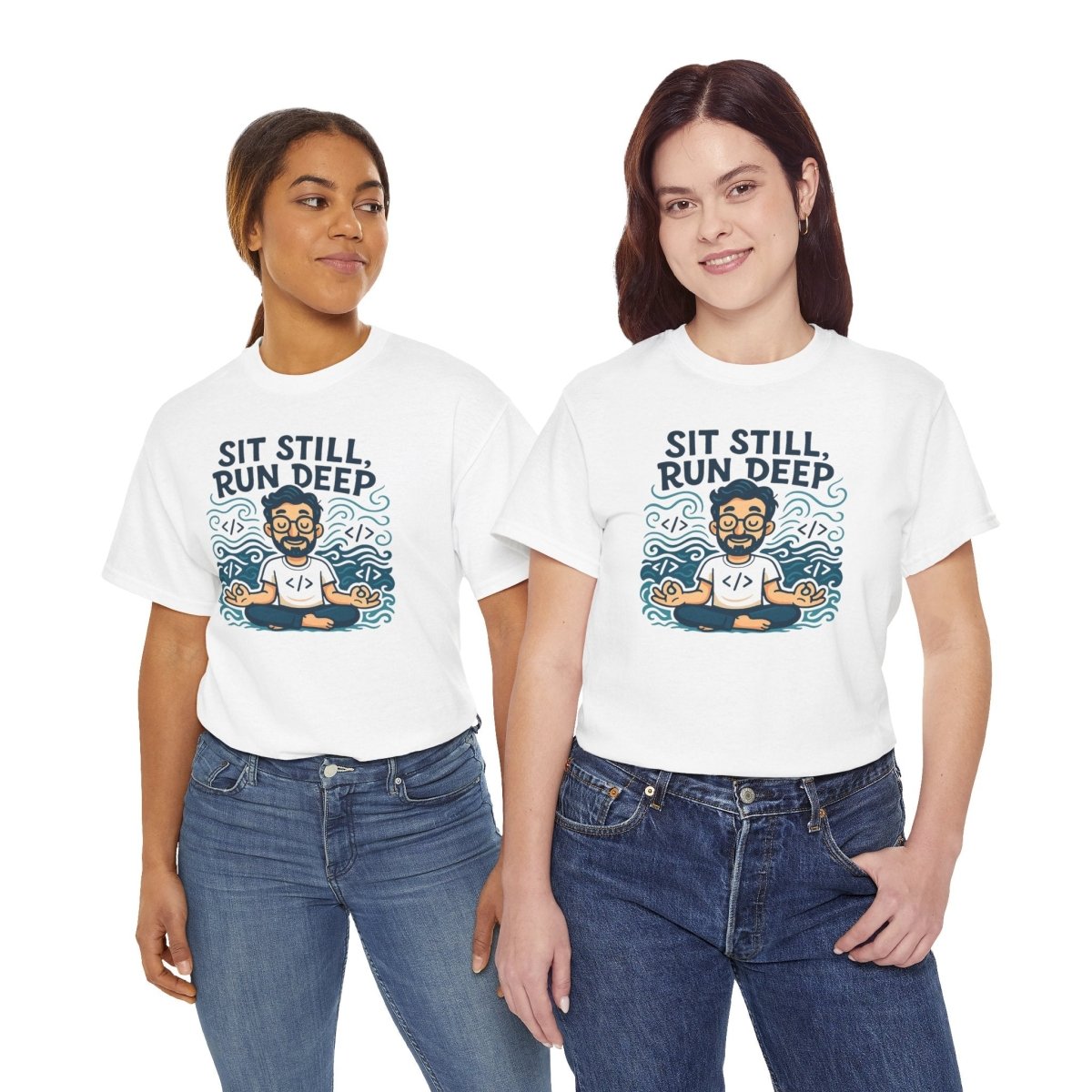 "Sit Still, Run Deep" Meditation Graphic Tee, Unisex Heavy Cotton Shirt, Yoga Gift, Mindfulness Apparel, Relaxation Wear - MINDSet Collection - AI Tee Hero