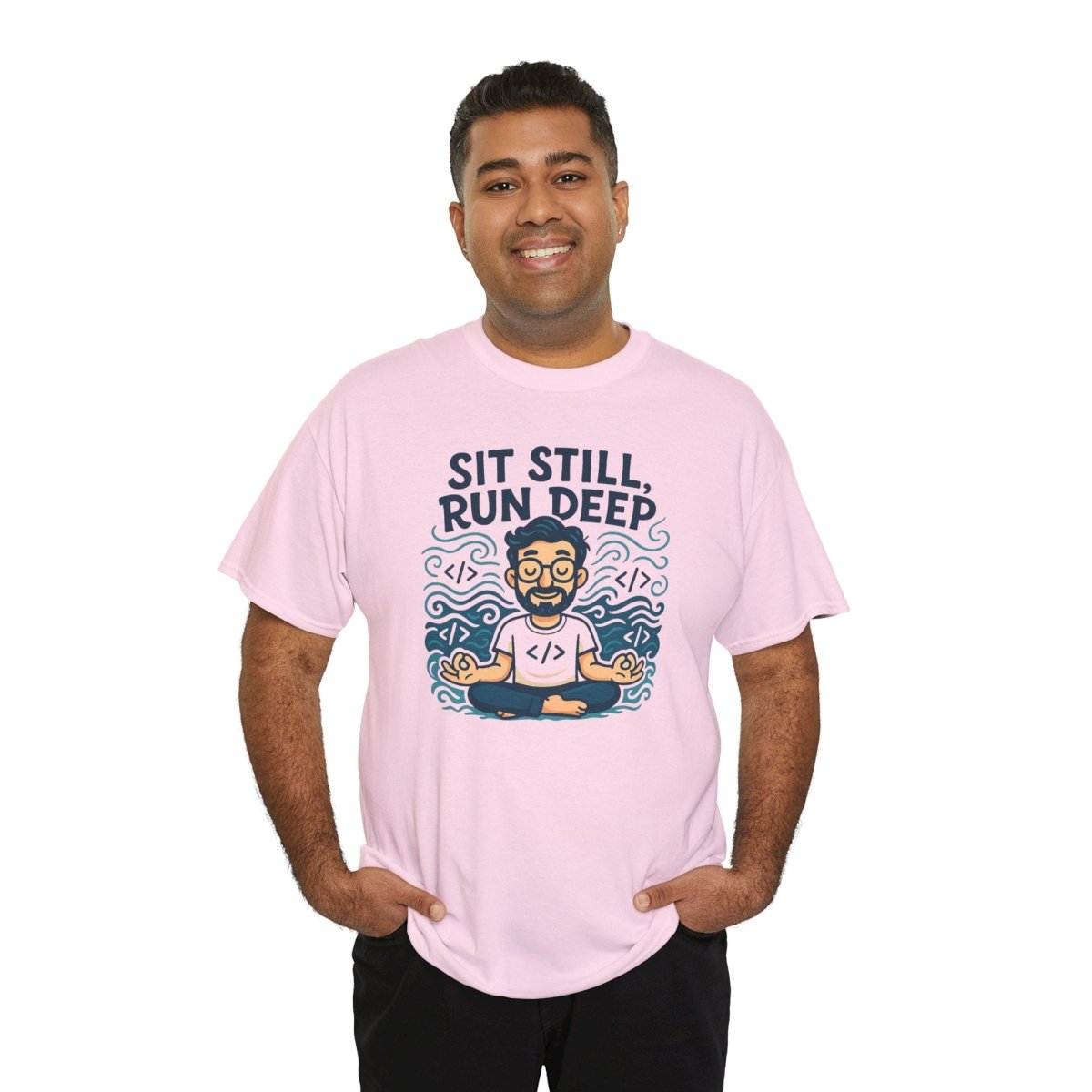 "Sit Still, Run Deep" Meditation Graphic Tee, Unisex Heavy Cotton Shirt, Yoga Gift, Mindfulness Apparel, Relaxation Wear - MINDSet Collection - AI Tee Hero