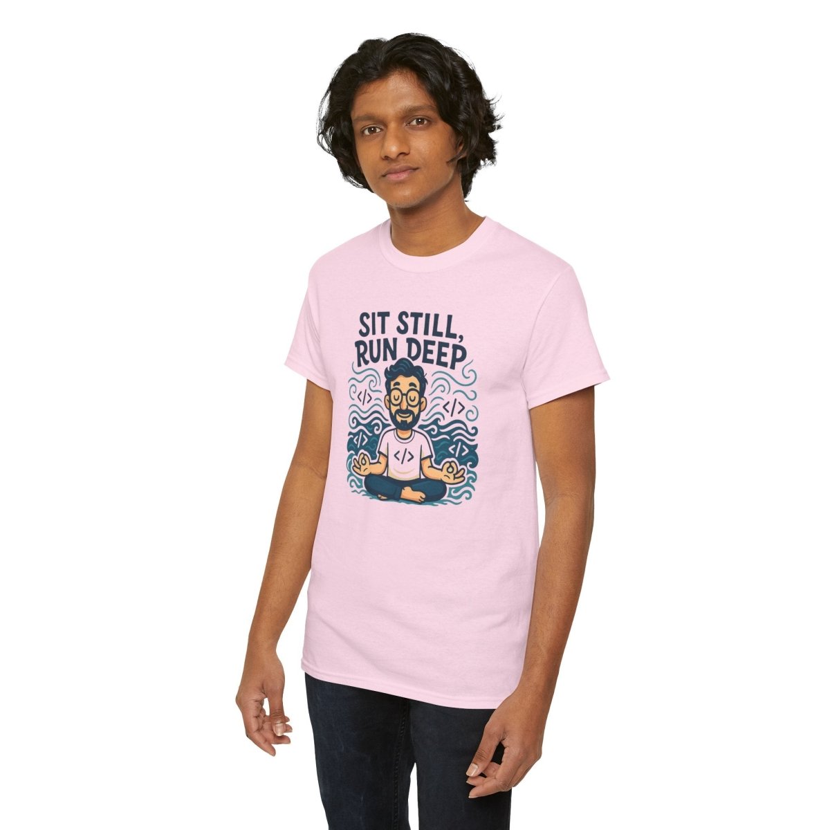 "Sit Still, Run Deep" Meditation Graphic Tee, Unisex Heavy Cotton Shirt, Yoga Gift, Mindfulness Apparel, Relaxation Wear - MINDSet Collection - AI Tee Hero