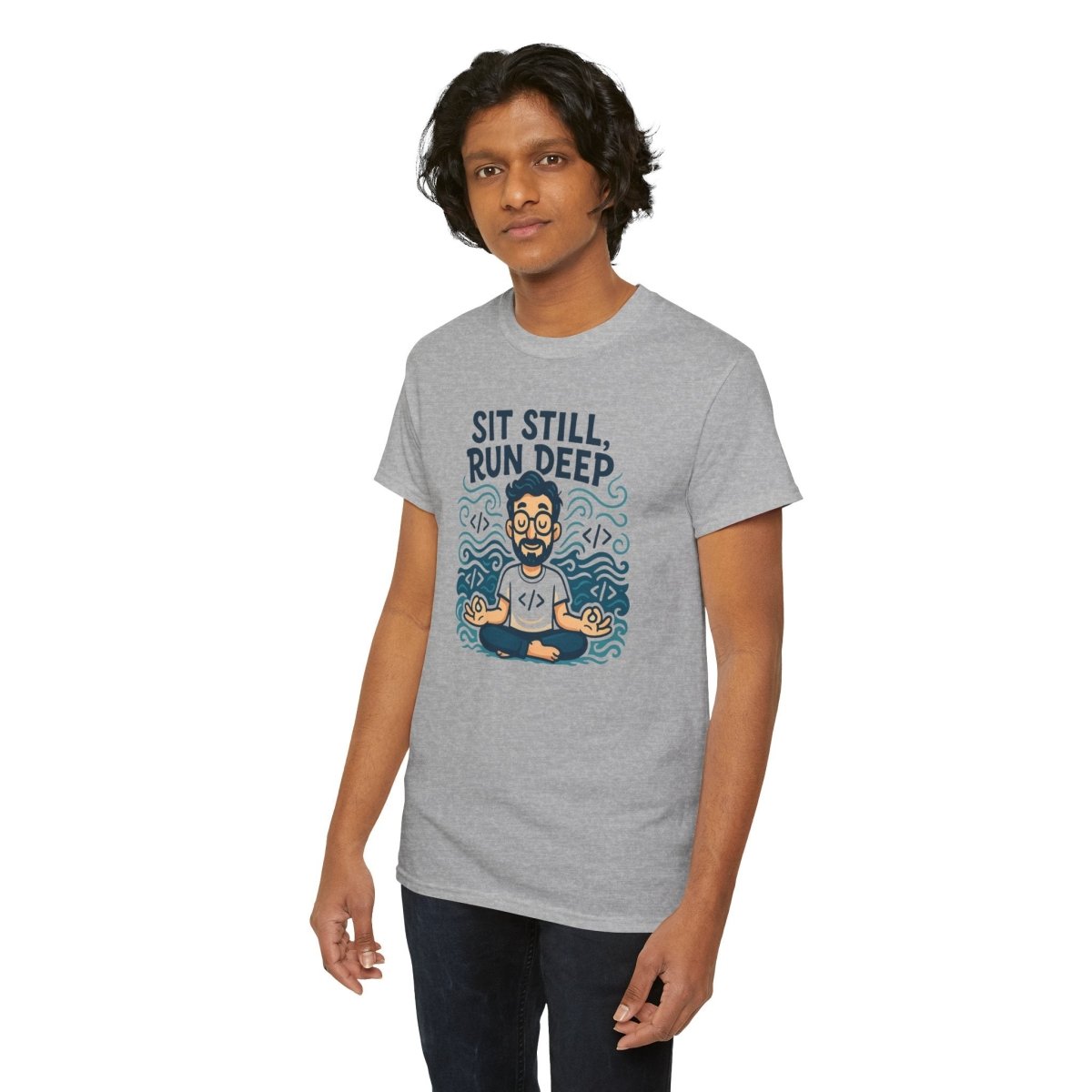"Sit Still, Run Deep" Meditation Graphic Tee, Unisex Heavy Cotton Shirt, Yoga Gift, Mindfulness Apparel, Relaxation Wear - MINDSet Collection - AI Tee Hero
