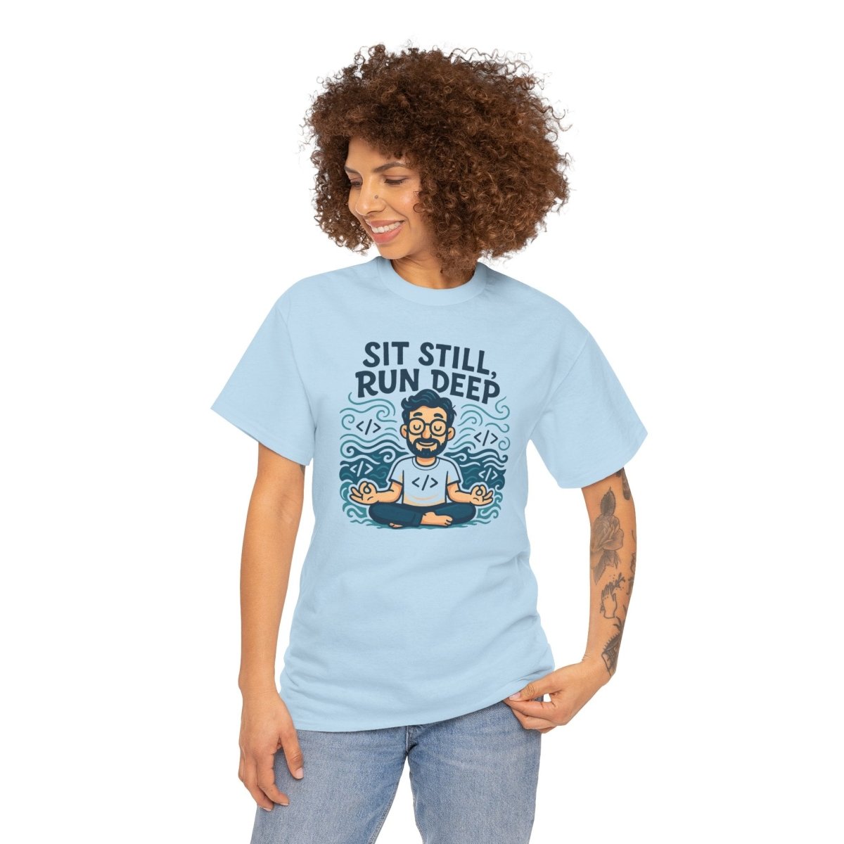 "Sit Still, Run Deep" Meditation Graphic Tee, Unisex Heavy Cotton Shirt, Yoga Gift, Mindfulness Apparel, Relaxation Wear - MINDSet Collection - AI Tee Hero