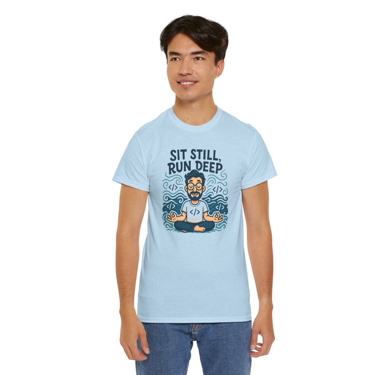 "Sit Still, Run Deep" Meditation Graphic Tee, Unisex Heavy Cotton Shirt, Yoga Gift, Mindfulness Apparel, Relaxation Wear - MINDSet Collection - AI Tee Hero