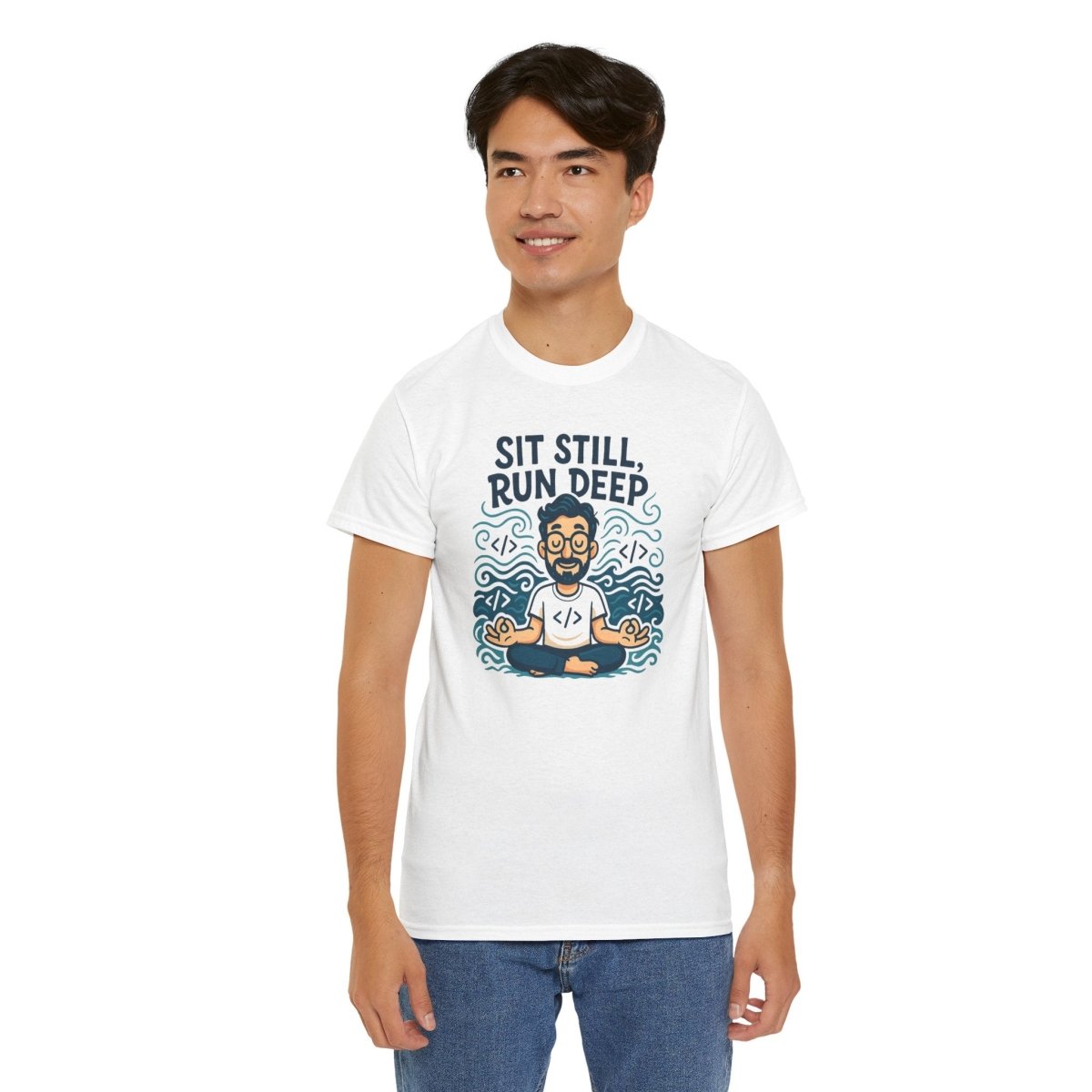 "Sit Still, Run Deep" Meditation Graphic Tee, Unisex Heavy Cotton Shirt, Yoga Gift, Mindfulness Apparel, Relaxation Wear - MINDSet Collection - AI Tee Hero