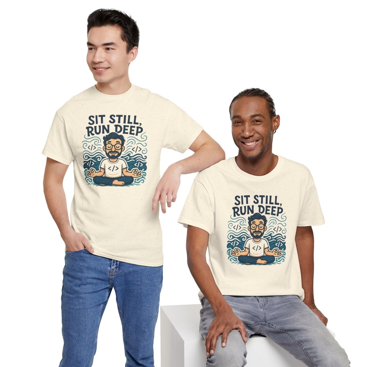 "Sit Still, Run Deep" Meditation Graphic Tee, Unisex Heavy Cotton Shirt, Yoga Gift, Mindfulness Apparel, Relaxation Wear - MINDSet Collection - AI Tee Hero