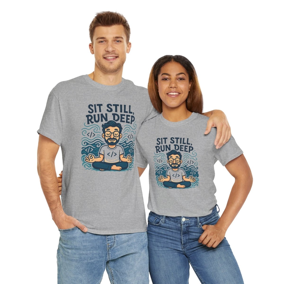 "Sit Still, Run Deep" Meditation Graphic Tee, Unisex Heavy Cotton Shirt, Yoga Gift, Mindfulness Apparel, Relaxation Wear - MINDSet Collection - AI Tee Hero