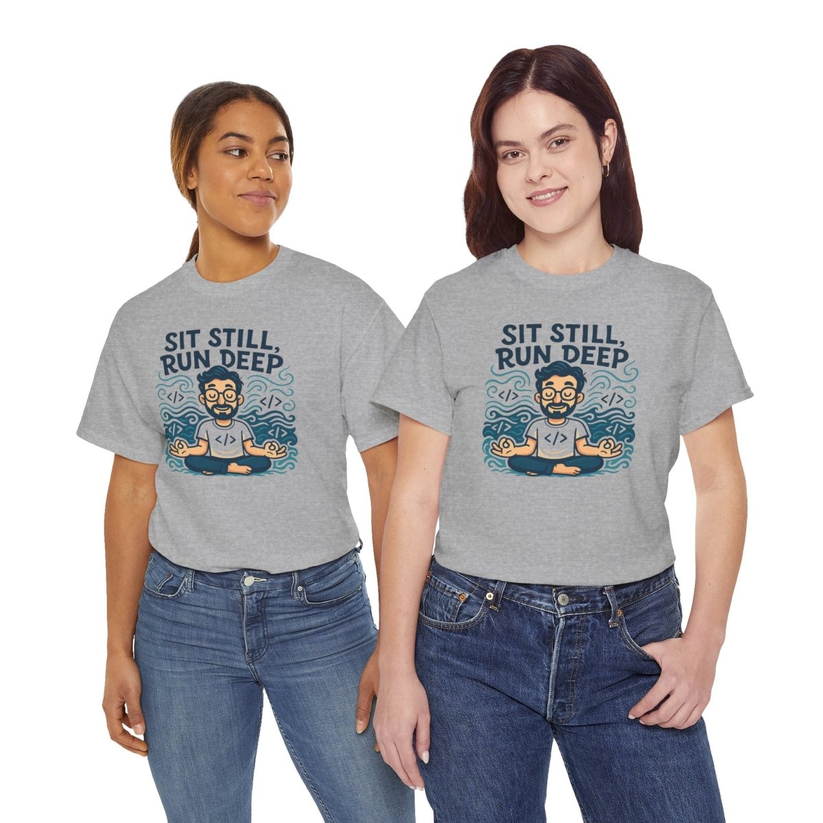 "Sit Still, Run Deep" Meditation Graphic Tee, Unisex Heavy Cotton Shirt, Yoga Gift, Mindfulness Apparel, Relaxation Wear - MINDSet Collection - AI Tee Hero