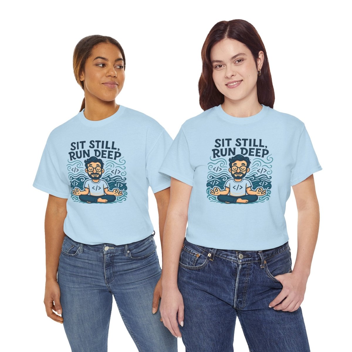 "Sit Still, Run Deep" Meditation Graphic Tee, Unisex Heavy Cotton Shirt, Yoga Gift, Mindfulness Apparel, Relaxation Wear - MINDSet Collection - AI Tee Hero