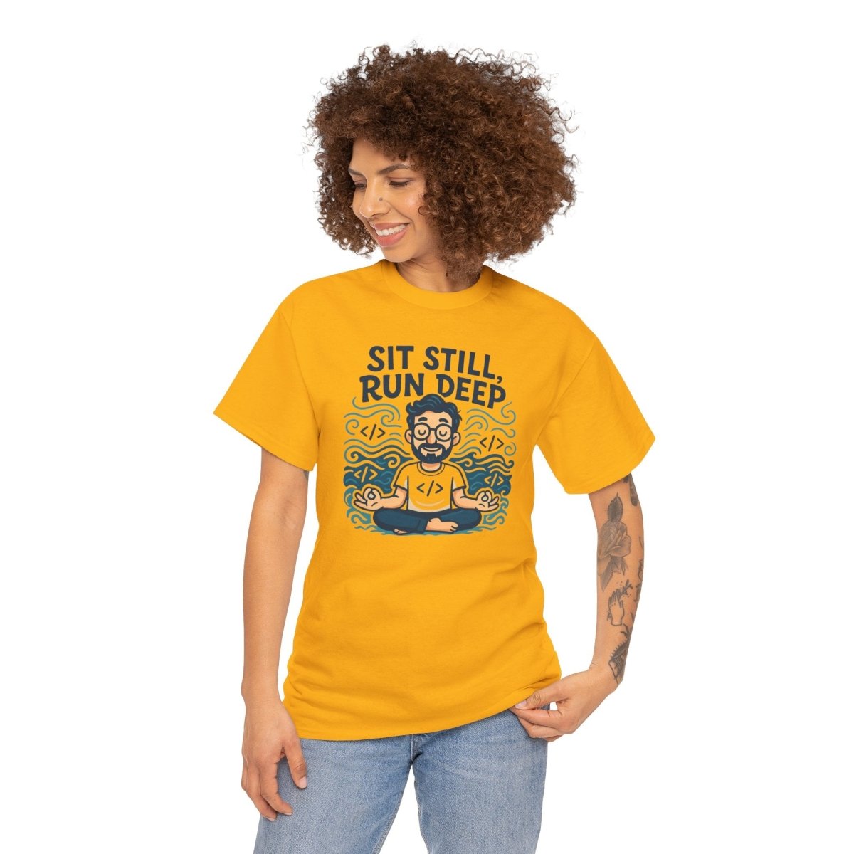 "Sit Still, Run Deep" Meditation Graphic Tee, Unisex Heavy Cotton Shirt, Yoga Gift, Mindfulness Apparel, Relaxation Wear - MINDSet Collection - AI Tee Hero