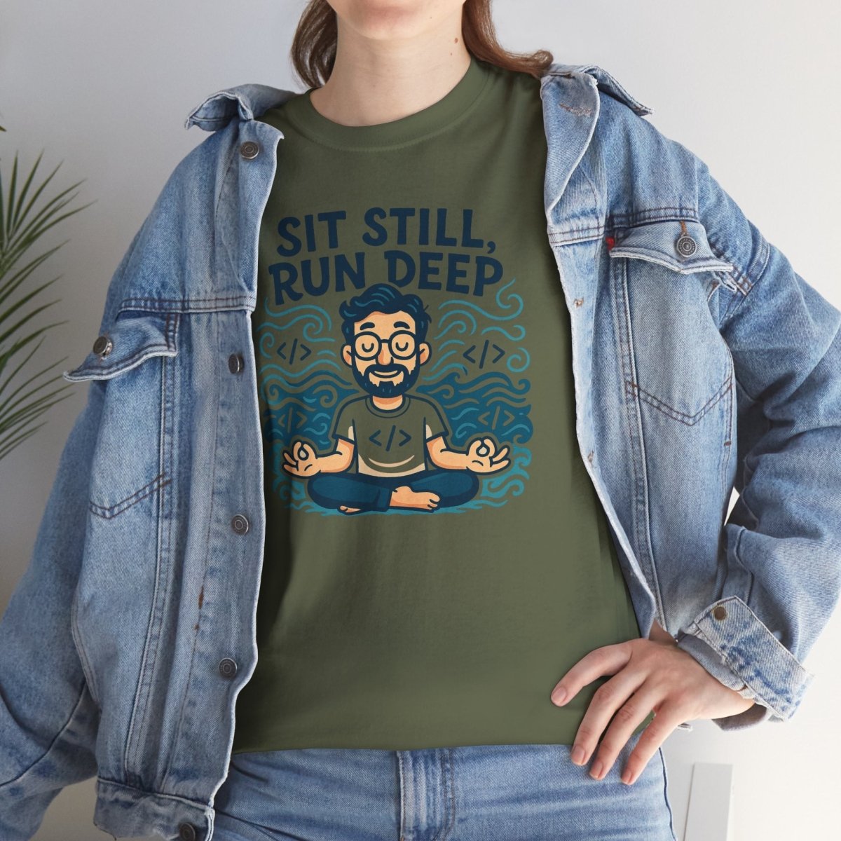 "Sit Still, Run Deep" Meditation Graphic Tee, Unisex Heavy Cotton Shirt, Yoga Gift, Mindfulness Apparel, Relaxation Wear - MINDSet Collection - AI Tee Hero