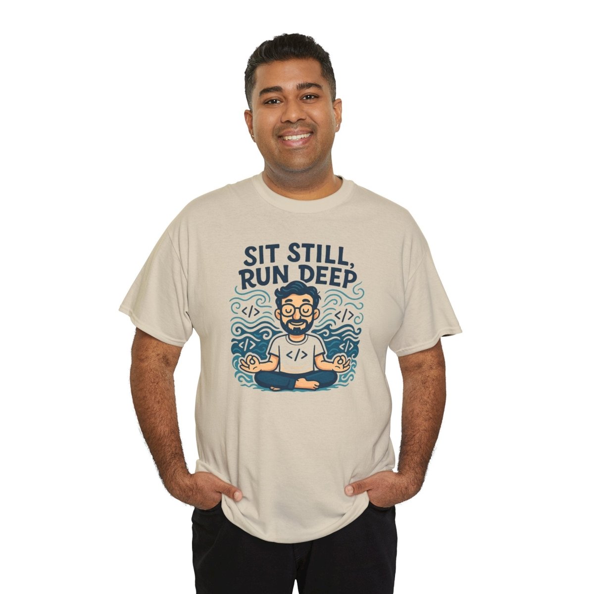 "Sit Still, Run Deep" Meditation Graphic Tee, Unisex Heavy Cotton Shirt, Yoga Gift, Mindfulness Apparel, Relaxation Wear - MINDSet Collection - AI Tee Hero