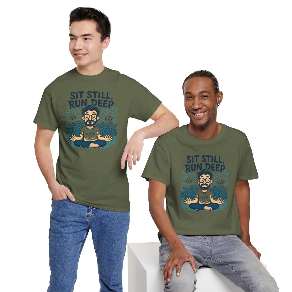 "Sit Still, Run Deep" Meditation Graphic Tee, Unisex Heavy Cotton Shirt, Yoga Gift, Mindfulness Apparel, Relaxation Wear - MINDSet Collection - AI Tee Hero