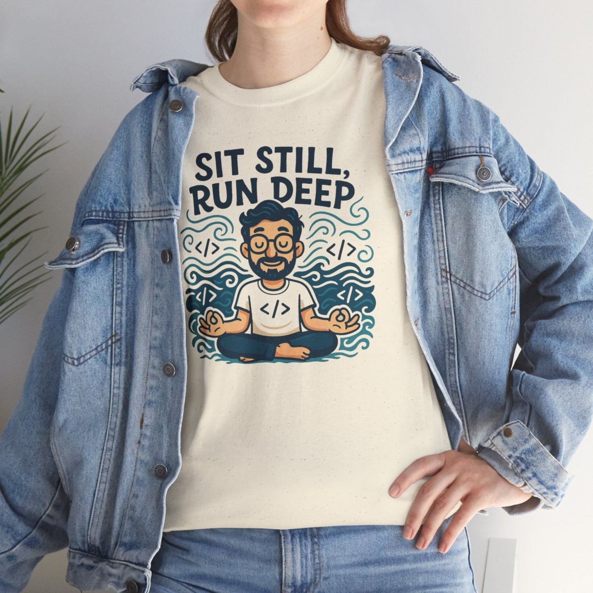 "Sit Still, Run Deep" Meditation Graphic Tee, Unisex Heavy Cotton Shirt, Yoga Gift, Mindfulness Apparel, Relaxation Wear - MINDSet Collection - AI Tee Hero