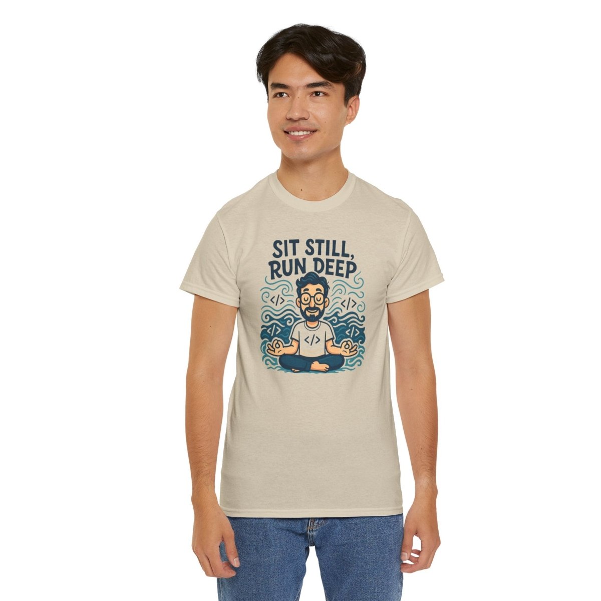 "Sit Still, Run Deep" Meditation Graphic Tee, Unisex Heavy Cotton Shirt, Yoga Gift, Mindfulness Apparel, Relaxation Wear - MINDSet Collection - AI Tee Hero