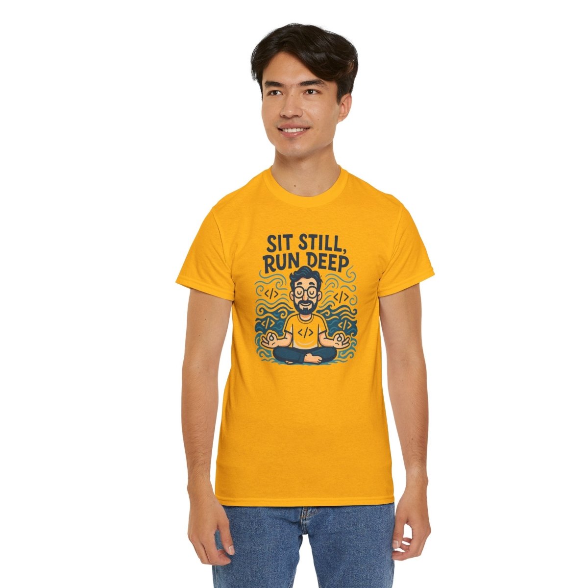 "Sit Still, Run Deep" Meditation Graphic Tee, Unisex Heavy Cotton Shirt, Yoga Gift, Mindfulness Apparel, Relaxation Wear - MINDSet Collection - AI Tee Hero